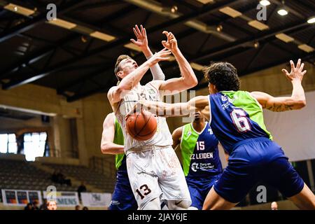 Nicholas Nick McGlynn di Leuven e Worthy de Jong di Leiden sono raffigurati in azione durante una partita di basket tra Leuven Bears (Belgio) e Zorg en Zekerheid Leiden (Paesi Bassi), mercoledì 01 giugno 2022 a Leuven, la prima tappa delle quarti di finale del campionato di basket di prima divisione della 'BNXT League'. BELGA FOTO TOM GOYVAERTS Foto Stock