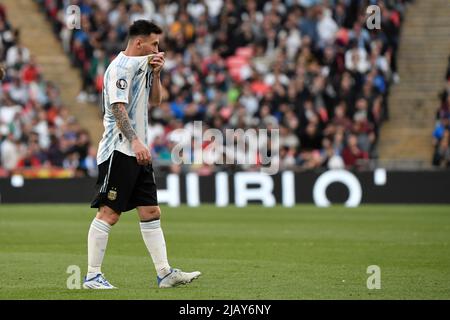 Londra, Francia. 01st giugno 2022. Lionel messi d'Argentina durante la partita di calcio del Trofeo Finalissima 2022 tra Italia e Argentina allo stadio Wembley di Londra, Inghilterra, 1st giugno 2022. Foto Andrea Staccioli/Insidefoto Credit: Ininsidefoto srl/Alamy Live News Foto Stock