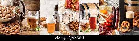 Set di gustose birre con deliziosi spuntini Foto Stock