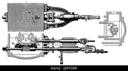 Dettaglio del motore a vapore. Comando doppio cursore da Rider. Pubblicazione del libro 'Meyers Konversations-Lexikon', Volume 2, Lipsia, Germania, 1910 Foto Stock