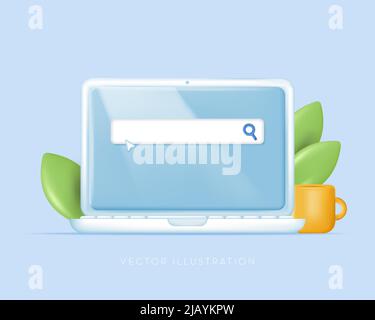 Modello di barra di ricerca su un laptop. Navigazione Cerca il browser. Illustrazione vettoriale in stile cartoon minimal 3D Illustrazione Vettoriale