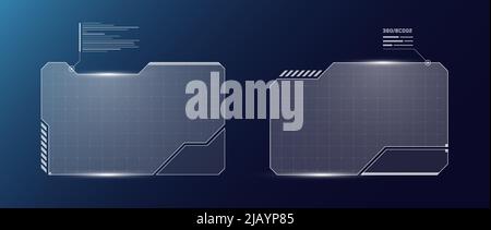 HUD futuristico digitale interfaccia utente orizzontale frame set. Schermi ad alta tecnologia Sci Fi. Menu di gioco che tocca i pannelli del dashboard di monitoraggio del cyberpunk. Simbolo eps vettore informativo di visualizzazione head-up cyberspazio Illustrazione Vettoriale