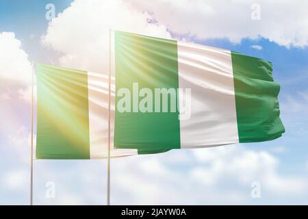 Cielo azzurro soleggiato e bandiere di nigeria e nigeria Foto Stock