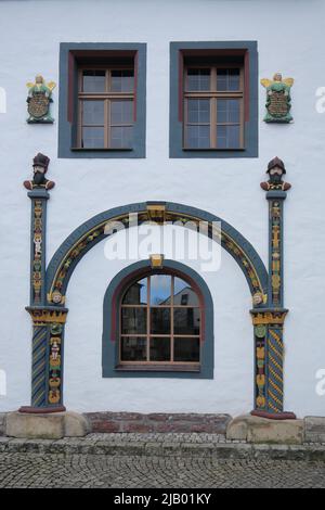 Dettaglio con decorazioni presso la Lutherhaus di Eisenach, Turingia, Germania Foto Stock