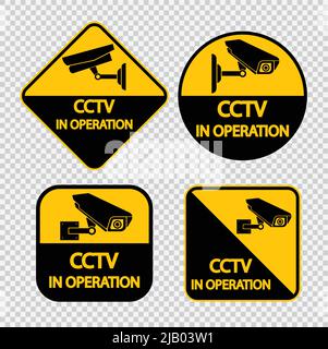 Imposta etichetta telecamera TVCC.segno di videosorveglianza nero su sfondo trasparente.illustrazione vettoriale Illustrazione Vettoriale