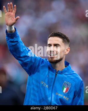 LONDRA, REGNO UNITO. GIUGNO 1st Jorginho d'Italia gesta durante la Conmebol - Coppa UEFA di campioni Finalissima tra Italia e Argentina al Wembley Stadium di Londra mercoledì 1st giugno 2022. (Credit: Federico Maranesi | MI News) Credit: MI News & Sport /Alamy Live News Foto Stock