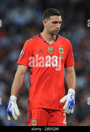 1st giugno 2022; Wembley Stadium, Londra, Inghilterra : ConBEMOL-UEFA CHAMPIONS CUP - FINALISSIMA, Italia contro Argentina: Portiere Emiliano Martinez di Argentina Foto Stock