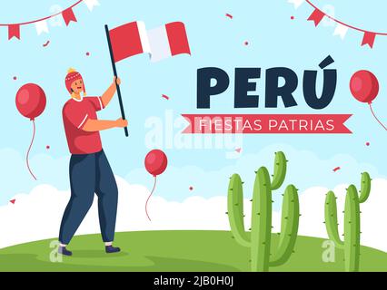 Felices Fiestas Patrias o Peruvian Independence Day Cartoon Illustrazione per festa nazionale Perù Celebration il 28 luglio in stile piatto Illustrazione Vettoriale