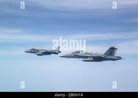 220523-N-NO874-1009 IONIAN SEA (23 maggio 2022) un EA-18G Growler, attaccato ai “Rooks” di Electronic Attack Squadron (VAQ) 137, vola a fianco di un Air Force spagnolo AV-8B II+ Harrier a sostegno di Neptune Shield 22, 23 maggio 2022. Neptune Shield 22 è la naturale evoluzione della capacità della NATO di integrare le capacità di guerra marittima di alto livello di un gruppo di stike portaerei, di un gruppo di pronto anfibio e di un'unità di spedizione marina per sostenere la difesa dell'alleanza. (STATI UNITI Foto di cortesia Navy) Foto Stock