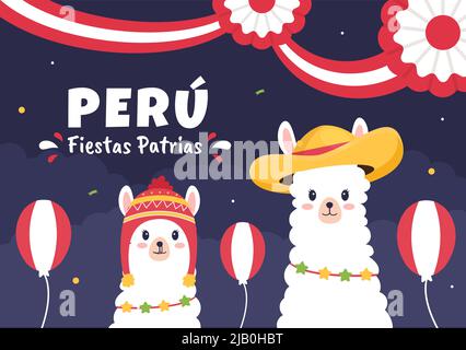 Felices Fiestas Patrias o Peruvian Independence Day Cartoon Illustrazione per festa nazionale Perù Celebration il 28 luglio in stile piatto Illustrazione Vettoriale
