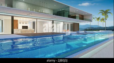 L'esterno della villa di lusso presenta una splendida piscina a sfioro.3D rendering Foto Stock
