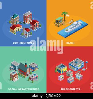 Icone 2x2 della città isometrica con edifici bassi e storici, spiaggia e oggetti commerciali su sfondo colorato, illustrazione vettoriale isolata Illustrazione Vettoriale