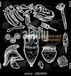 Archeologia Chalkboard sketch set di antichi caraffi ceramici cavaliere casco ossa animale illustrazione vettoriale Illustrazione Vettoriale
