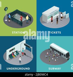 Design isometrico a colori 2x2 che raffigura un'illustrazione vettoriale della metropolitana sotterranea dei biglietti di atazione della metropolitana Illustrazione Vettoriale