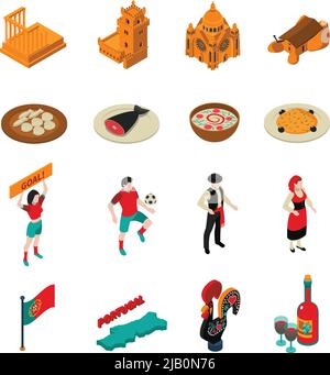Portogallo turistico icone isometriche insieme con calcio cibo e simboli di architettura illustrazione vettoriale isolato Illustrazione Vettoriale
