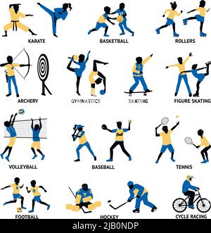 Insieme di silhouette sportive che coinvolgono in diversi giochi e attività illustrazione vettoriale isolata Illustrazione Vettoriale