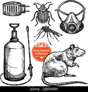 Set per il controllo dei parassiti disegnati a mano con roditori e repellenti di insetti isolati su sfondo bianco illustrazione vettoriale Illustrazione Vettoriale