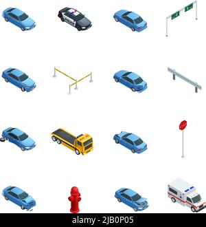 Colorati incidenti auto icone isometriche insieme con ambulanza polizia evacuatore e segnaletica stradale isolato su sfondo bianco illustrazione vettoriale Illustrazione Vettoriale