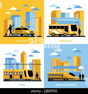 Trasporto urbano concetto di design 2x2 con autobus pubblico tram taxi e treni ad alta velocità composizioni flat vettore illustrazione Illustrazione Vettoriale