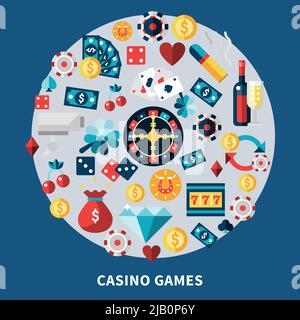 Icone del casinò composizione rotonda con chip carte monete dadi ciliegia trifoglio simbolo diamante piatto vettore illustrazione Illustrazione Vettoriale