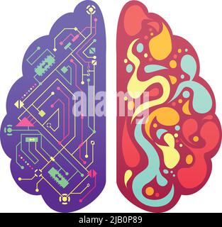 Emisferi cerebrali del cervello umano sinistro e destro figura colorata simbolica pittorica con diagramma di flusso e zone di attività Illustrazione Vettoriale
