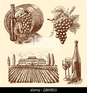 Vino annata disegno decorativo set di icone di botte uva cantina ramo isolato illustrazione vettoriale Illustrazione Vettoriale