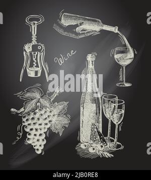 Vino vintage Lavagna icone decorative Set di bottiglia di cavatappi rametto di uva isolato illustrazione vettoriale Illustrazione Vettoriale