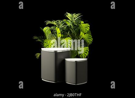 Futuristici ripiani in marmo e superfici da tavola di colore grigio su sfondo nero e piante. 3d rendering Foto Stock