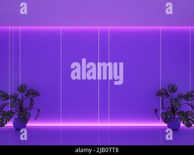 Interni Cyber e sfondo viola con spazio per la copia e piante. Colore viola tono d'umore e luce. 3d rendering Foto Stock