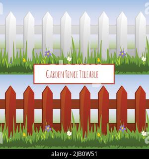 Giardino recinto con erba e fiori a margherita piastrellabile pattern illustrazione vettoriale Illustrazione Vettoriale