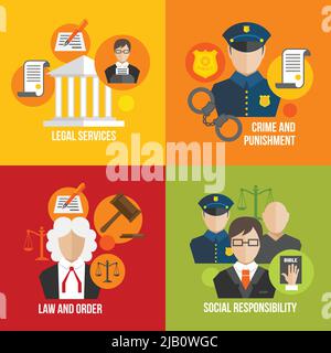 Servizi legali Delitto e castigo la legge e l'ordine della responsabilità sociale set di icone isolato illustrazione vettoriale Illustrazione Vettoriale