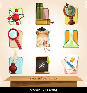 Istruzione Vintage icon set di atomo prenota globe magnifier certificato impostato isolato illustrazione vettoriale Illustrazione Vettoriale