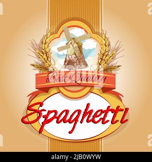 Migliore qualità delizioso grano spaghetti pack etichetta con il mulino a vento emblema illustrazione vettoriale Illustrazione Vettoriale