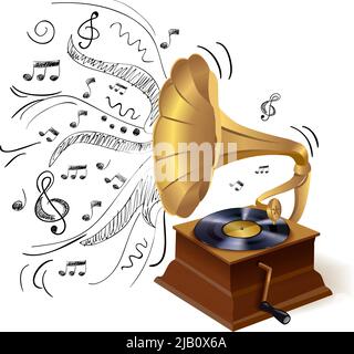 Vintage stile retrò vinil grammofono modello di stampa con doodle sfondo illustrazione vettoriale Illustrazione Vettoriale