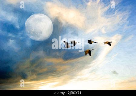 Un gregge di uccelli sta volando insieme in Un formato di pittura di illustrazione Foto Stock