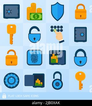 Business Banking finance sicuro bloccaggio decorativo set di icone isolato illustrazione vettoriale Illustrazione Vettoriale