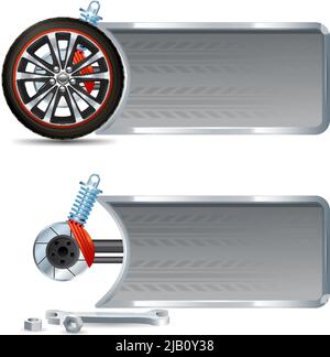 Set di striscioni orizzontali da corsa con pneumatici ruote realistici e elementi di riparazione auto illustrazione vettoriale isolata Illustrazione Vettoriale