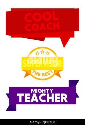 Set di nastro con Cool Coach, il miglior Supervisore, Mighty Teacher testo. Modello di intestazione. Etichetta adesiva. Segnale. Illustrazione Vettoriale