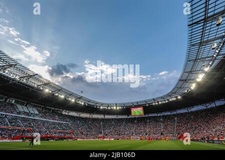 Wroclaw, Polonia, 1st giugno 2022. UEFA Nations League Group A4 gioco tra la Polonia (magliette rosse) e il Galles (magliette gialle) alla Tarczynski Arena di Breslavia, Polonia nella foto: © Piotr Zajac/Alamy Live News Foto Stock