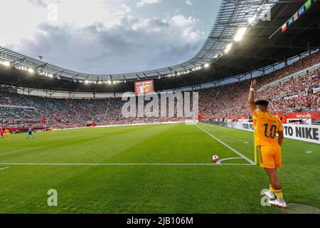 Wroclaw, Polonia, 1st giugno 2022. UEFA Nations League Group A4 gioco tra la Polonia (magliette rosse) e il Galles (camicie gialle) alla Tarczynski Arena di Breslavia, Polonia Foto: #10 Sorba Thomas © Piotr Zajac/Alamy Live News Foto Stock