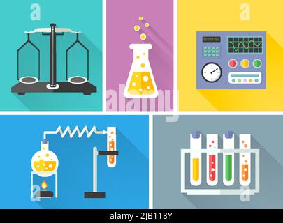 La scienza delle attrezzature di laboratorio decorativo set di icone con pallone scale isolate di bruciatore illustrazione vettoriale Illustrazione Vettoriale