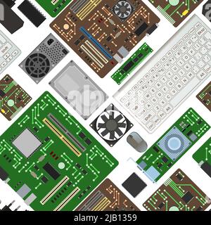 Parte di ricambio per personal computer. Accessori per PC o notebook. Memoria RAM della scheda. Ripetizione senza giunture. Scheda madre e scheda video. Isolato su backgrou bianco Illustrazione Vettoriale