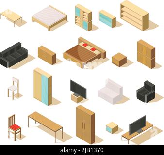 Mobili set isometrico di oggetti isolati con letti matrimoniali divani sedie poltrone comodini e tv vettoriale illustrazione Illustrazione Vettoriale