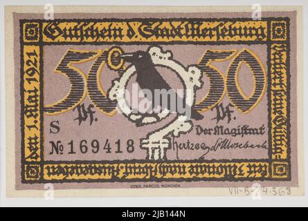 Voucher sostitutivo per 50 pfennig, Germania; Stadt, Merseburg, 1.05.1921 Foto Stock