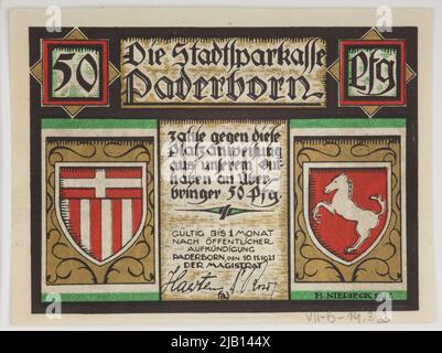 Voucher sostitutivo per 50 pfennig, Germania; Città, Paderborn; 10.11.1921 Foto Stock