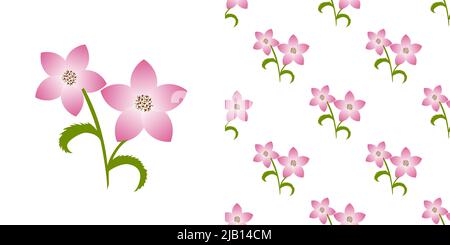 Bellissimo fiore rosa con foglie isolate su sfondo bianco è in un pattern senza giunture - illustrazione vettoriale Illustrazione Vettoriale