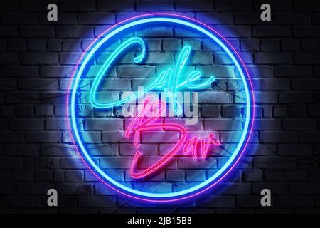 Cafe Bar Neon Sign su una parete scura Foto Stock