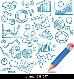 Grafici e diagrammi schizzo commerciale e finanziario con illustrazione vettoriale a matita Illustrazione Vettoriale