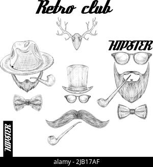 Set di accessori retrò hipster club per Signore di occhiali cappello tubo di tabacco baffi bow bow e barba isolato schizzo illustrazione vettoriale Illustrazione Vettoriale