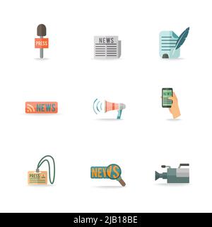 Social media mobile press center reporter simboli emblemi design pittogrammi collezione icone isolate Imposta immagine vettoriale piatta. EPS modificabile e. Illustrazione Vettoriale